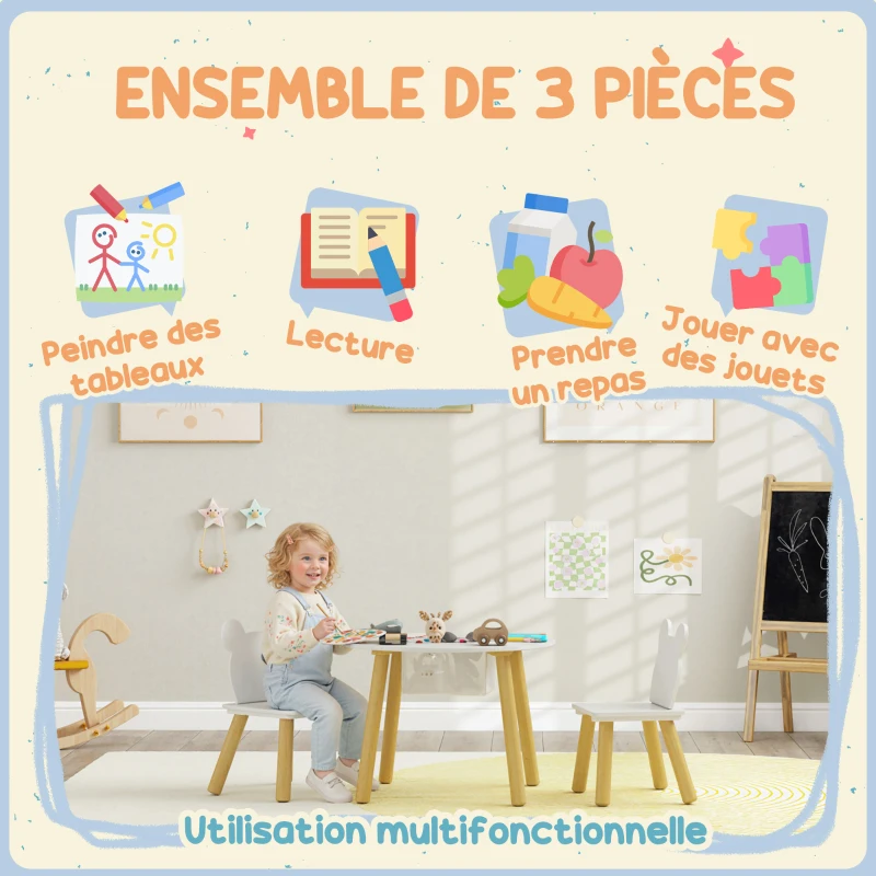 AIYAPLAY Ensemble 1 table ronde, 2 chaises pour enfant 3 pièces, dossier en forme d'ours, activités, bricolage, repas, 3-6 ans