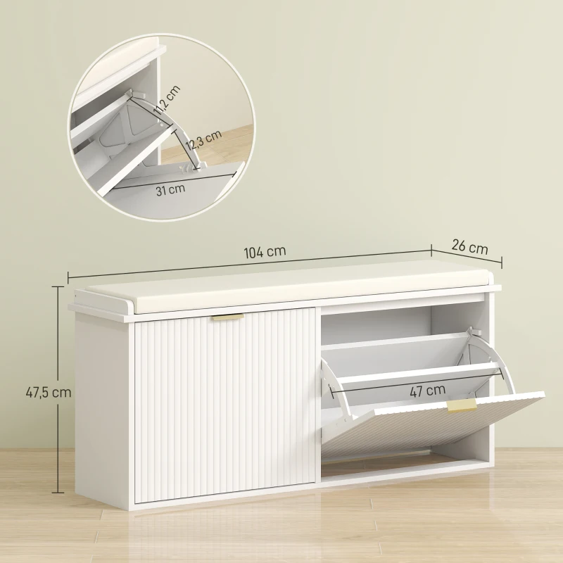 HOMCOM Banco Zapatero con Asiento Acolchado 2 Cajones Abatibles y Estante Ajustable para Entrada 104x26x47,5 cm Blanco