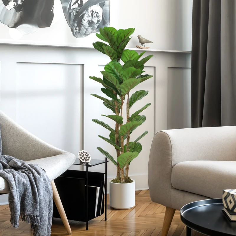 HOMCOM Plante artificielle intérieure 120 cm Figuier lyre arbre artificiel avec pot en plastique et tronc en bois massif, vert