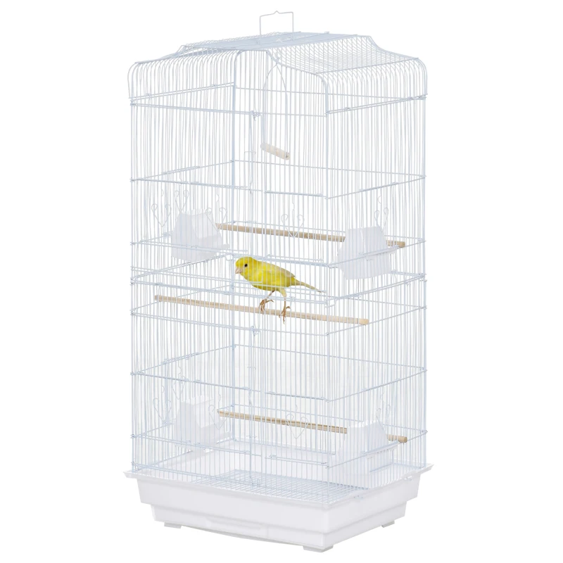 PawHut Gabbia per Uccelli Portatile con Maniglia, Vassoio Estraibile e Porte, Voliera per Pappagallini con Posatoi in Legno, Altalena e Ciotole per Cibo, 46.5x35.5x92cm, Bianco