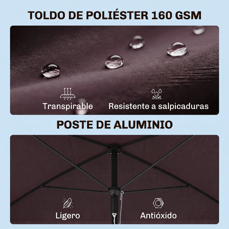 Outsunny Sombrilla de Terraza de Aluminio 2x1,3x2,5 m Parasol de Jardín Rectangular con Función de Inclinación Café