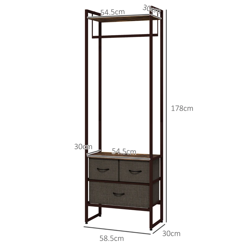 HOMCOM Cuier de Podea cu Bară, 3 Sertare și Rafturi, din Lemn MDF și Oțel, 58,5x30x178 cm, Maro