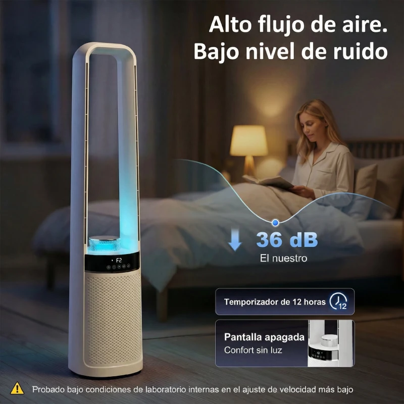HOMCOM Ventilador de Torre Silencioso sin Aspas con Luces LED de 4 Colores Mando a Distancia Temporizador de 12 horas Blanco