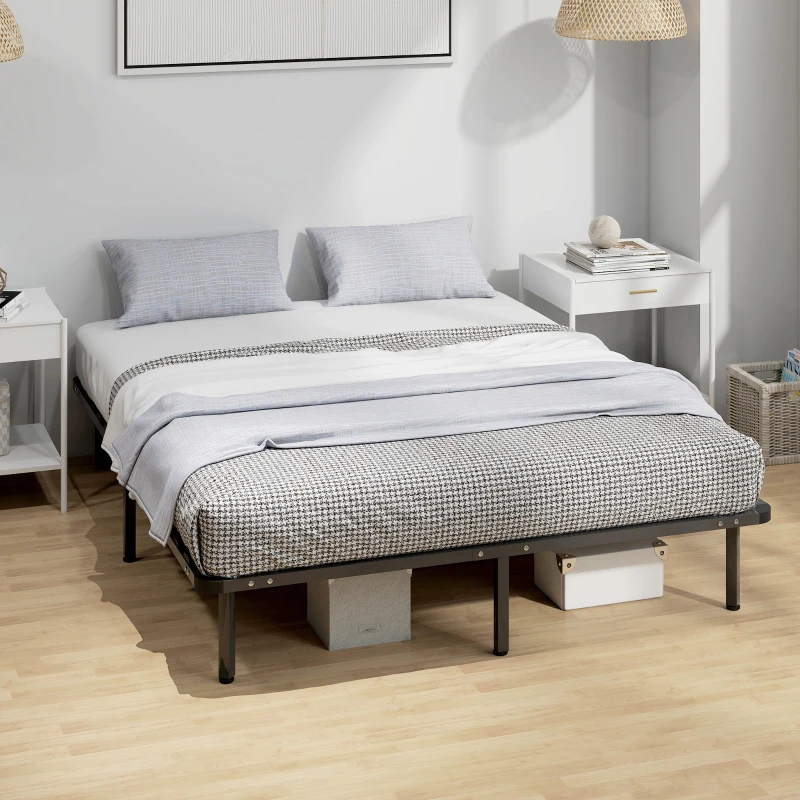 HOMCOM Cadre de lit 160 x 190 cm, lit 2 personnes en bois massif avec sommier à lattes et pied, rangement au-dessous, noir