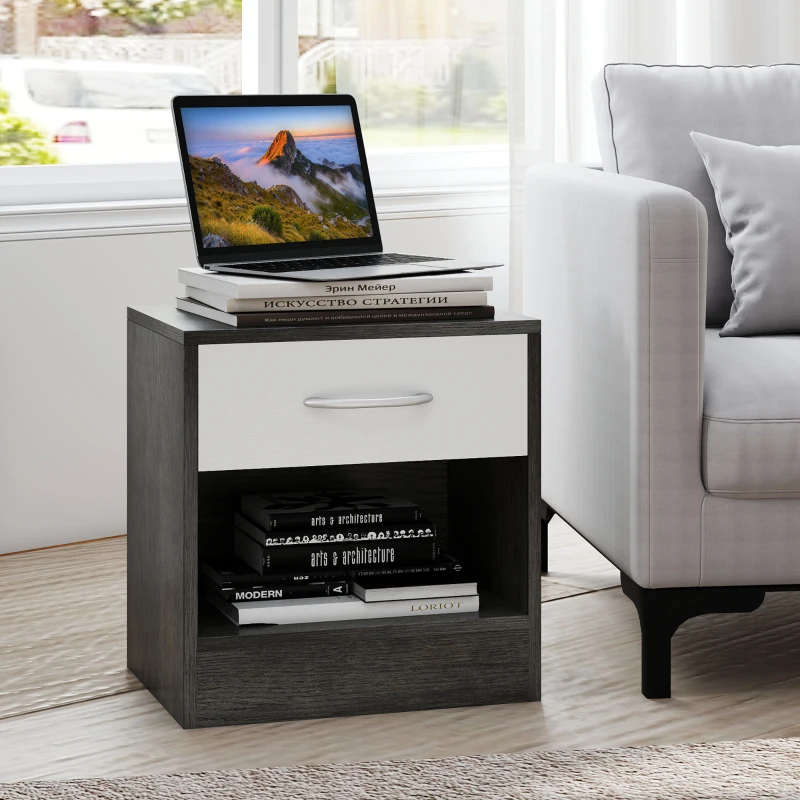 HOMCOM Set 2 Comodini Moderni con Ripiano Aperto e Cassetto, in Legno, 39x28x41 cm, Bianco e Grigio Scuro