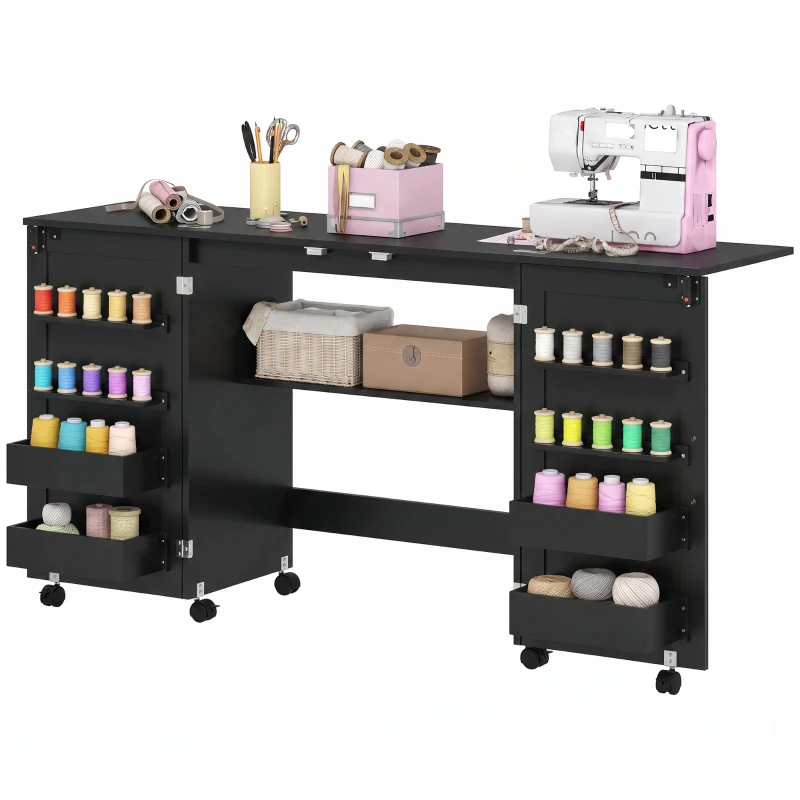 HOMCOM Masă de cusut pliabilă, mobilier de cusut pe roți, 2 uși magnetice, 4 tăvițe, 20 cârlige, 160x40x83cm, negru