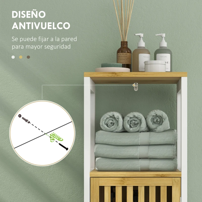 HOMCOM Columna de Baño Mueble Auxiliar de Baño con 1 Estante Abierto 1 Puerta y 1 Estante Ajustable 32x30x90,5 cm Natural