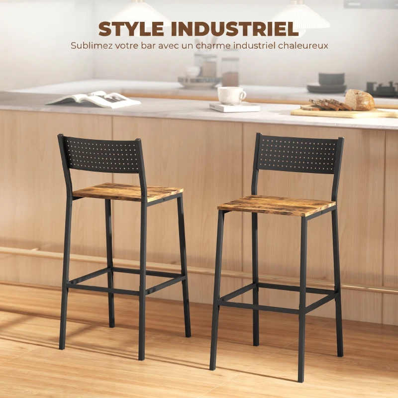 HOMCOM Lot de 2 tabourets de bar, chaises de bar, assise 72,5H cm, dossier et repose-pieds, pieds en métal, brun rustique