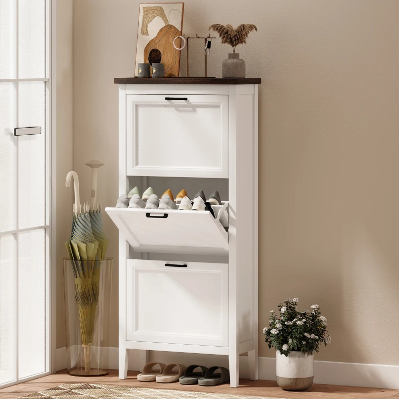 HOMCOM Shoe Cabinet with 3 Flip Drawers, Farmhouse Narrow Shoe Storage Cabinet with Adjustable Shelves, White