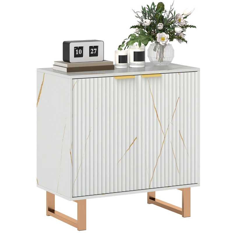 HOMCOM Buffet salon meuble de rangement style moderne avec placard à 2 portes cannelées, étagère réglable, pieds en métal, blanc