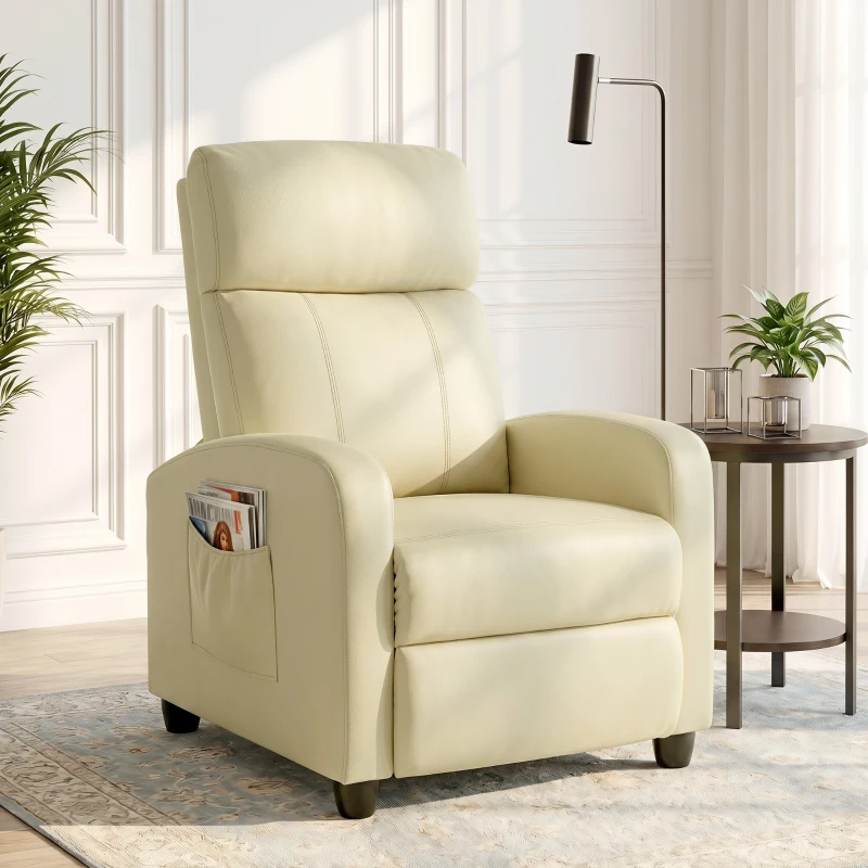 HOMCOM Recliner Armchair, Massage Faux Leather Push Back Reclining Chair with Adjustable Leg Rest, Side Pocket, Cream White