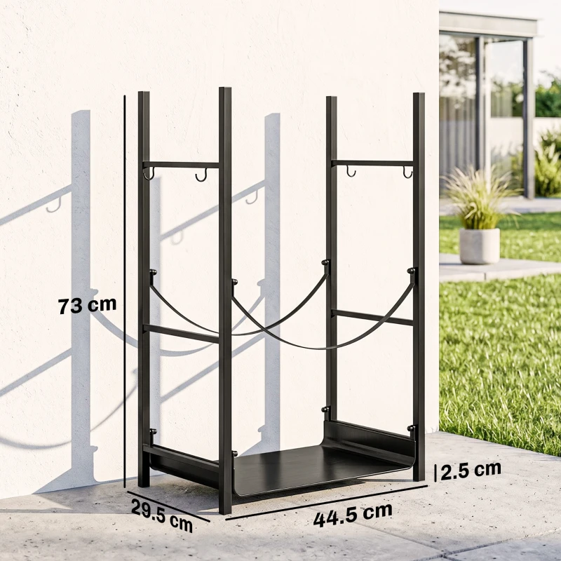Outsunny Portalegna da Interno ed Esterno Rialzato a 2 Ripiani, Porta Legna da Ardere in Metallo con Supporti Rimovibili, Paletta, Scopa, Attizzatoio e Pinza, Capacità 70 kg, 44.5x29.5x73 cm, Nero