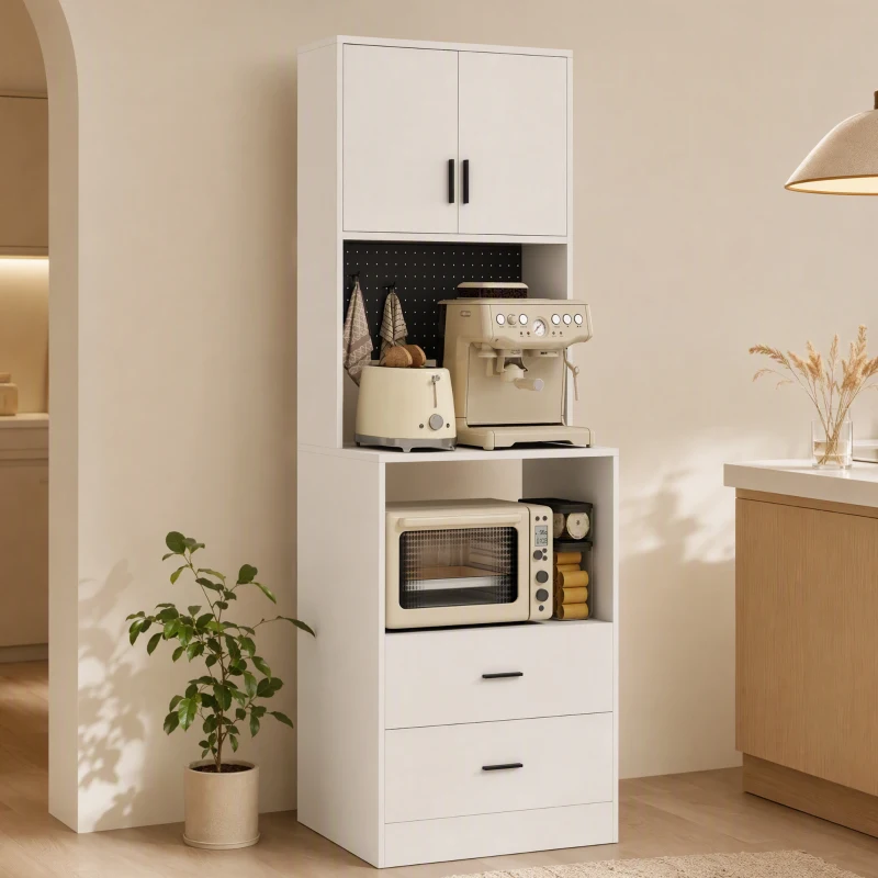 HOMCOM Mueble Auxiliar de Cocina con Soporte para Microondas 2 Cajones 2 Puertas y Panel Perforado de Metal Blanco