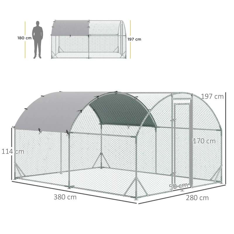 PawHut țarc pentru găini din metal galvanizat cu acoperiș și acoperire anti-UV, 280x380x197 cm, argintiu