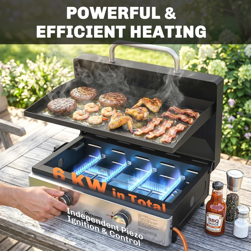 Outsunny 2 Burner Grill Griddle, Portable Gas Plancha, 6 kW, Tabletop Gas BBQ with Grease Cup for Camping Picnic Patios, Black