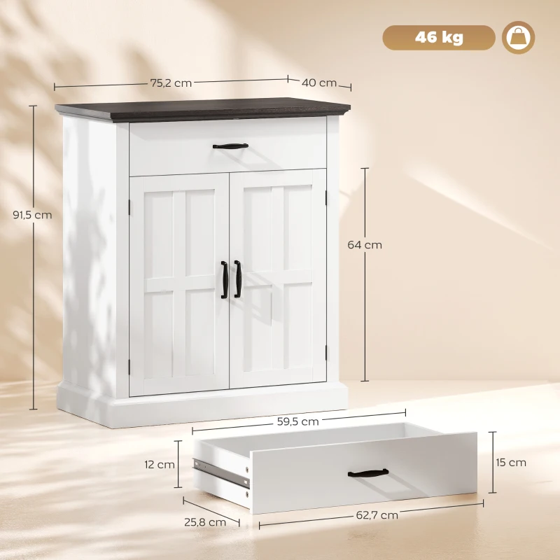 HOMCOM Aparador para Salón Rústico con 2 Puertas 1 Cajón Estante Ajustable para Comedor Entrada Blanco 75,2x40x91,5 cm