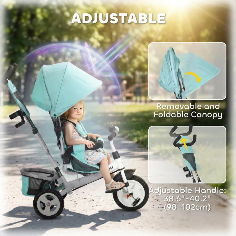 HOMCOM 6 in 1 Kids Trike with Parent Handle, Canopy, 5-point Seat Belt, Storage, Footrest, Brake, for 1-5 Years, Green