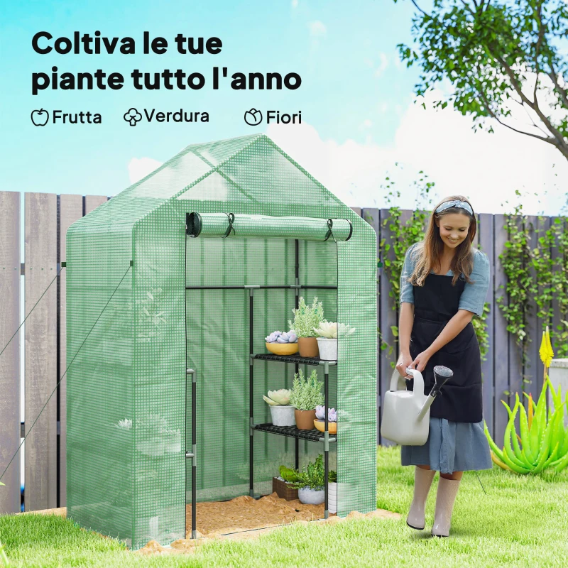 Outsunny Serra da Giardino con 2 Mensole a 3 Livelli e Ingresso a Zip, in Acciaio e PE, 142x73x195 cm, Verde