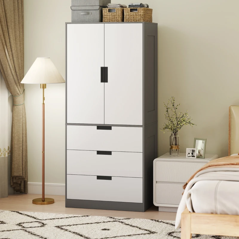 HOMCOM Modern Clothes Storage Cupboard Unit, 3 Drawer 2 Door Wardrobe with Hanging Rod, Grey