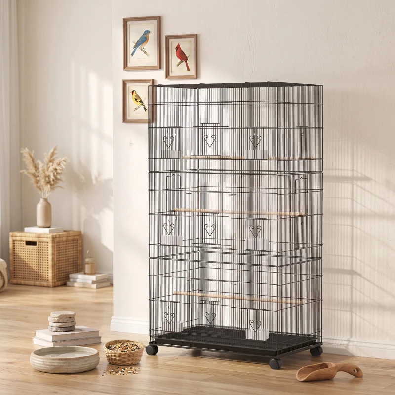 PawHut Grande Cage à Oiseaux sur Roulettes en Acier, Plateau Amovible, Portes, Perchoirs, Mangeoires, 77x46,5x141cm, Noir