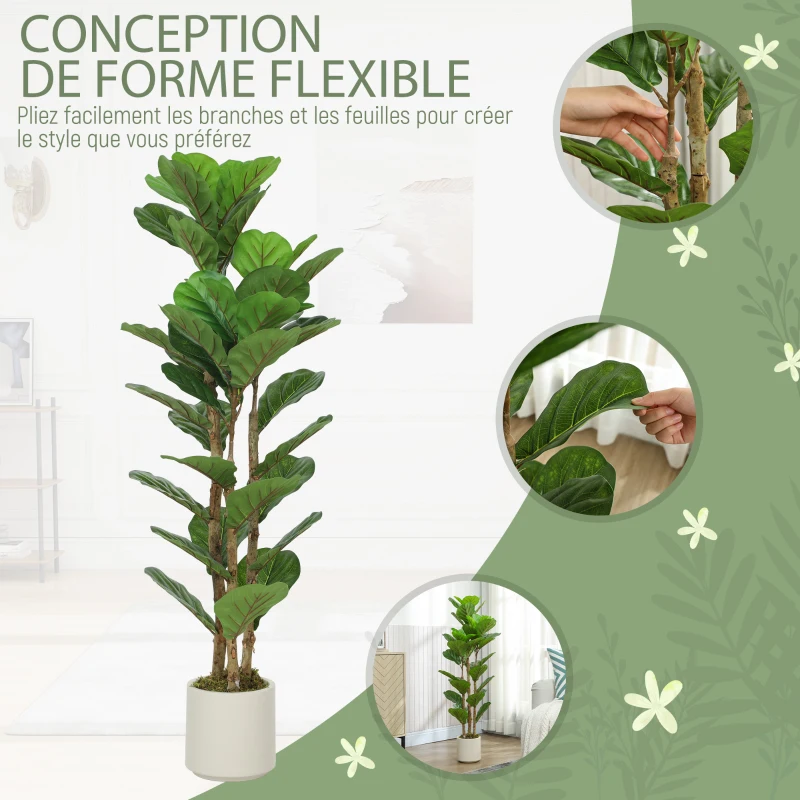 HOMCOM Plante artificielle intérieure 120 cm Figuier lyre arbre artificiel avec pot en plastique et tronc en bois massif, vert