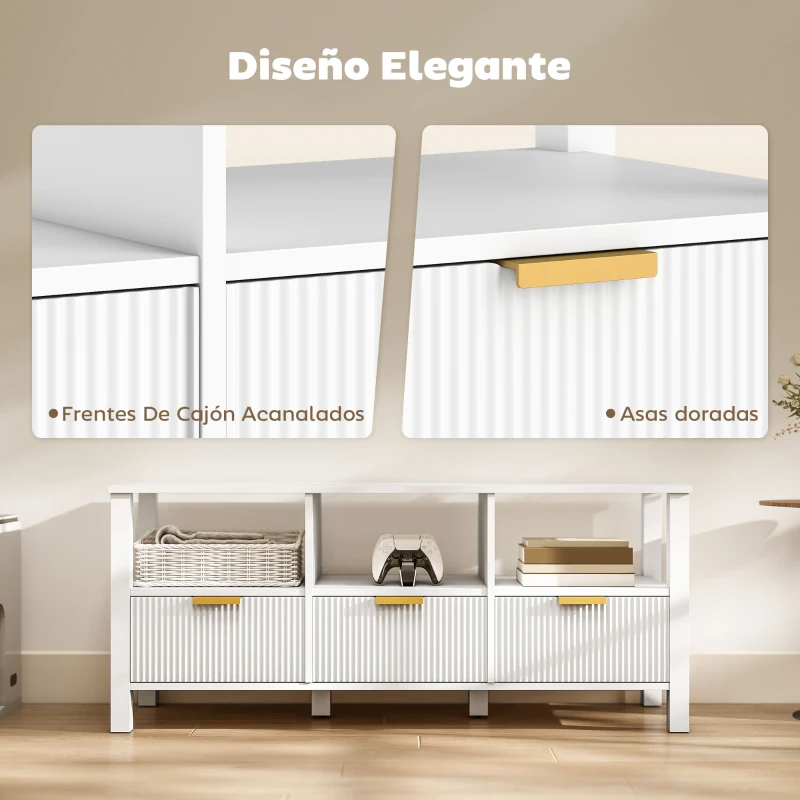 HOMCOM Mueble de TV Moderno con 3 Cajones y 3 Estantes Abiertos para Televisión 43-55 Pulgadas 120x39,5x50 cm Blanco