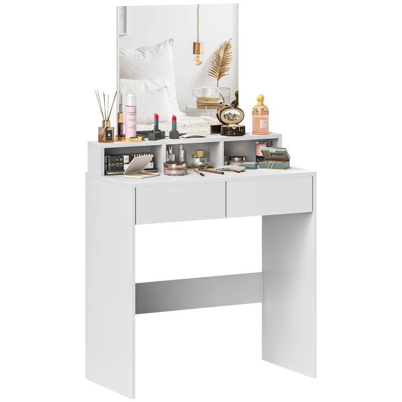 HOMCOM Coiffeuse avec miroir, table de maquillage avec 2 tiroirs et 3 compartiments, style moderne, 75 x 38 x 135 cm, blanc