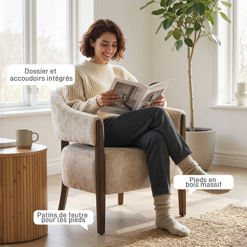 HOMCOM Fauteuil de salon en chenille, chaise rembourrée, assise large, dossier ergonomique, accoudoirs, 71x63,5x78,5cm, beige