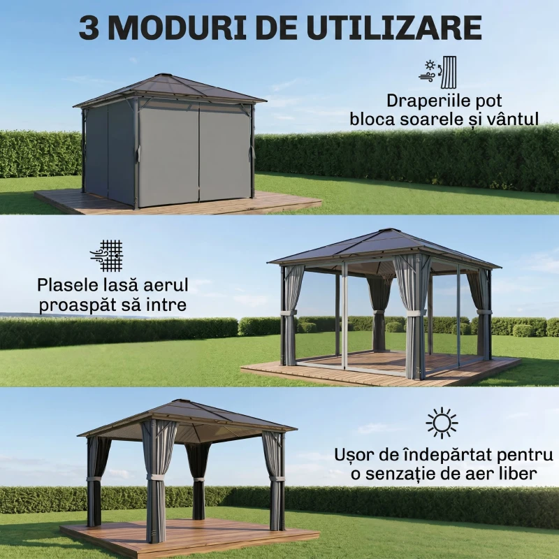 Outsunny Pavilion exterior 3x3 m cu acoperiș rigid, gri închis