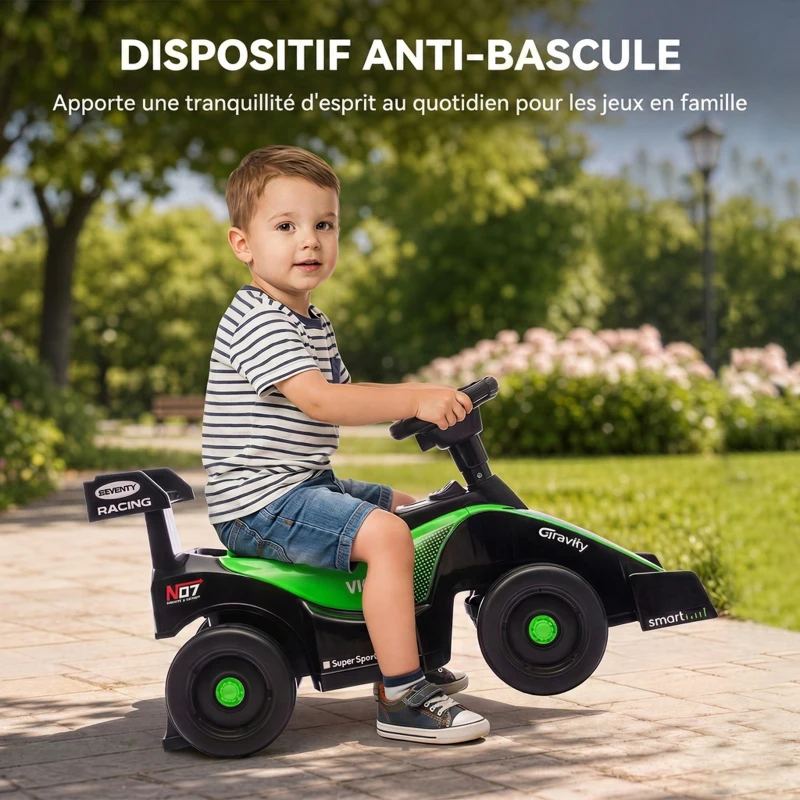 AIYAPLAY Porteur enfants voiture F1, véhicule à pousser avec volant musical, roues silencieuses et coffre, 18-36 mois, vert