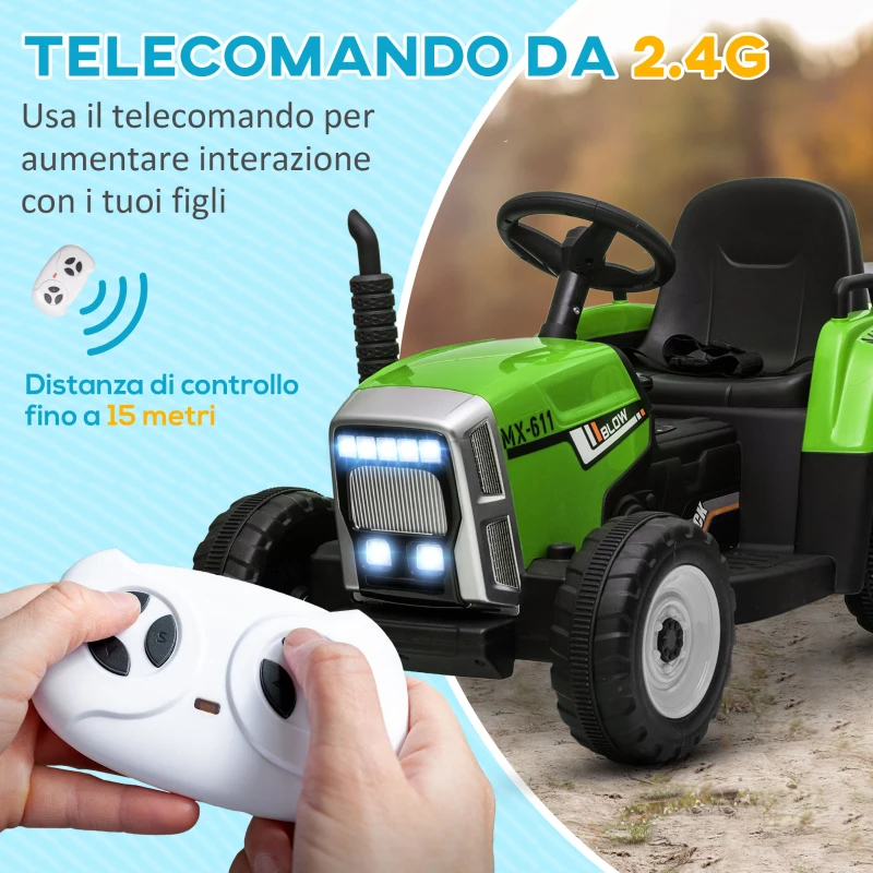 HOMCOM Trattore Elettrico per Bambini 3-6 Anni con Rimorchio Rimovibile, Batteria 12V e Telecomando, Verde