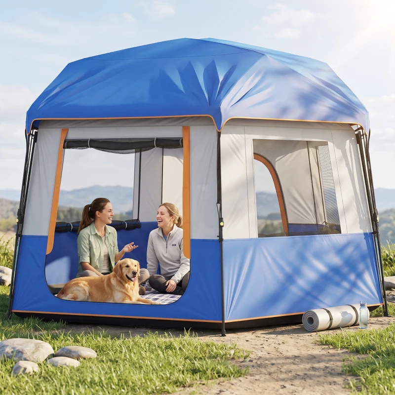 Outsunny Cabin Tent Easy Setup 3000mm Waterproof Camping Tent 4 Person with Carrying Bag Blue