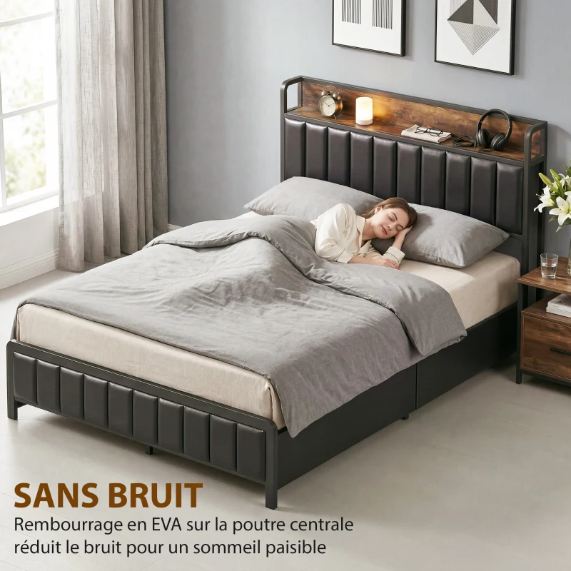 HOMCOM Cadre de lit 140 x 190 cm avec sommier à lattes en métal, lit double rembourré avec 4 tiroirs et étagère, noir