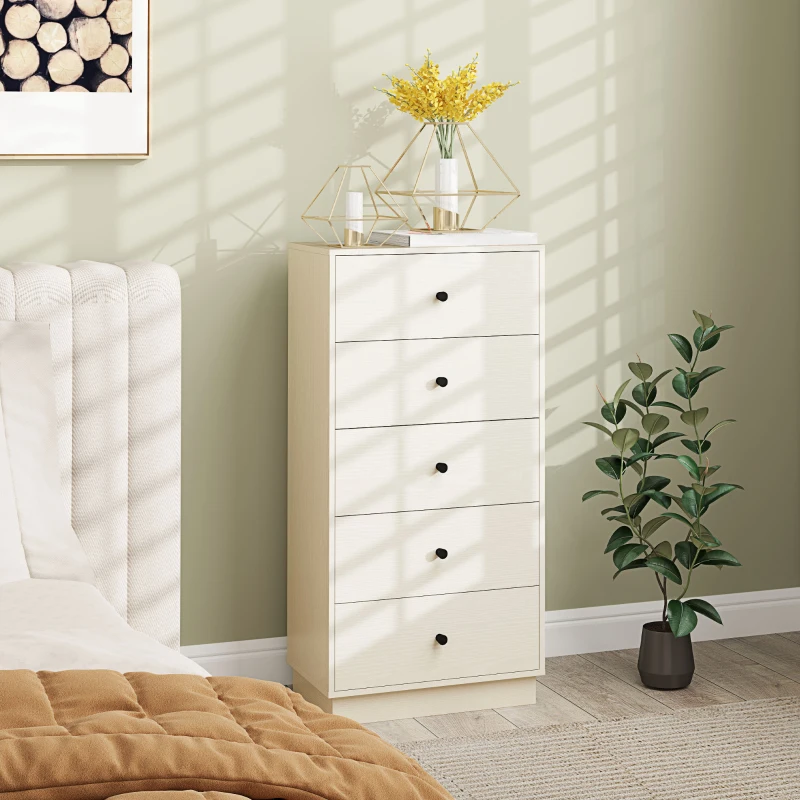 HOMCOM Cómoda de 5 Cajones Estrecha y Alta Mueble Auxiliar para Dormitorio o Pasillo con Tiradores Redondos 47x29x95 cm Beige