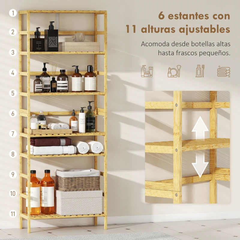 HOMCOM Estantería de Bambú de 6 Niveles Librería para Espacios Pequeños Baño Sala de Estar y Cocina Natural