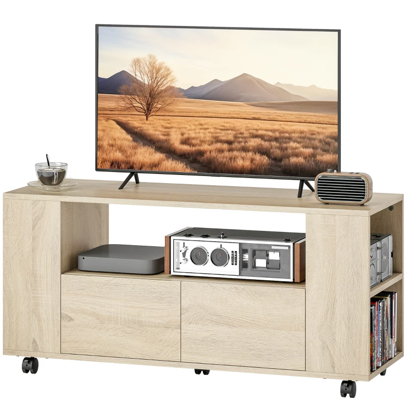 HOMCOM Mueble de TV con Ruedas para Televisión hasta 42 Pulgadas con 2 Cajones Estantes Ajustables Madera Natural
