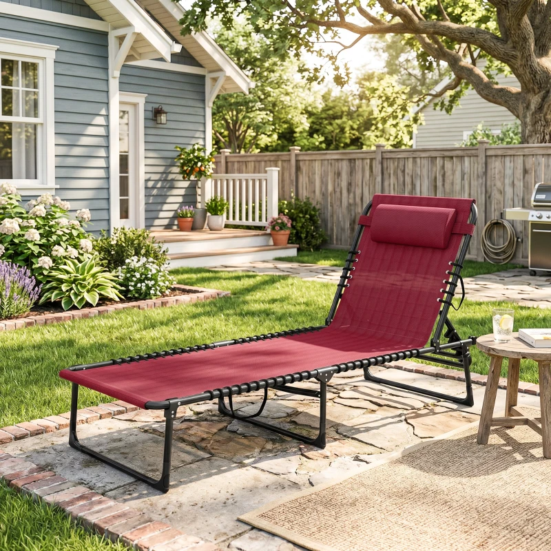 Outsunny Bain de Soleil transat Pliable Dossier inclinable Multi-Positions Acier thermoplastique Lacets élastiques Noir textilène Rouge