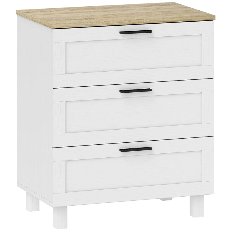 HOMCOM Commode 3 tiroirs meuble de rangement style moderne pieds en bois massif et plateau effet bois, 60 x 38 x 71 cm, blanc(m-11)