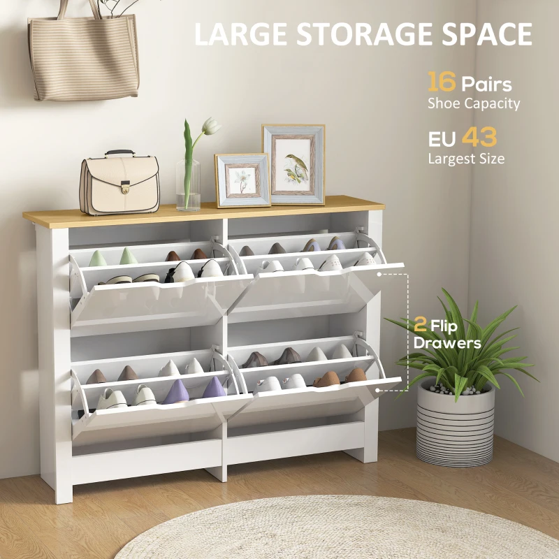 HOMCOM Slim Shoe Cabinet, Narrow Shoe Cupboard with 4 Flip Drawers, Adjustable Shelves for 16 Pairs of Shoes, White