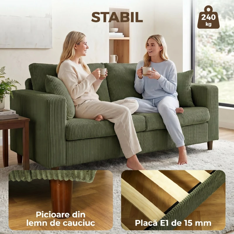 HOMCOM Canapea cu 2 Locuri de 170 cm din Catifea cu Nervuri, Șezut Lat și Adânc, Picioare din Lemn Masiv, Verde
