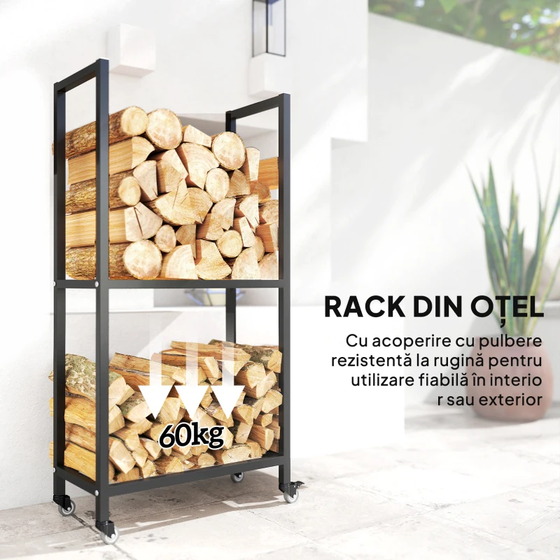 Outsunny Suport pentru Lemne de Foc, de Interior și Exterior, pe Două Niveluri, cu Roți, din Oțel Reforțat, 60x30x119 cm, Negru