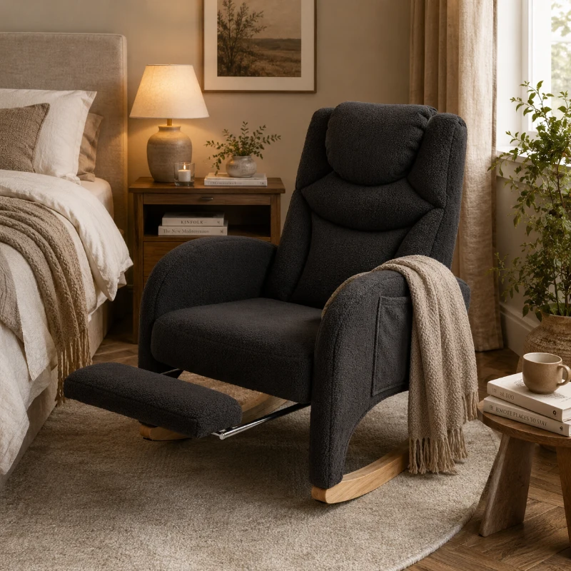 Schommelstoel relaxfauteuil, ergonomische hoofdsteun en inklapbare voetensteun, 66x125x101 cm, Donkergrijs