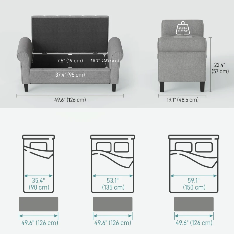 HOMCOM Banco de Pie de Cama de Terciopelo con Contenedor y Reposabrazos Enrollados Gris Claro