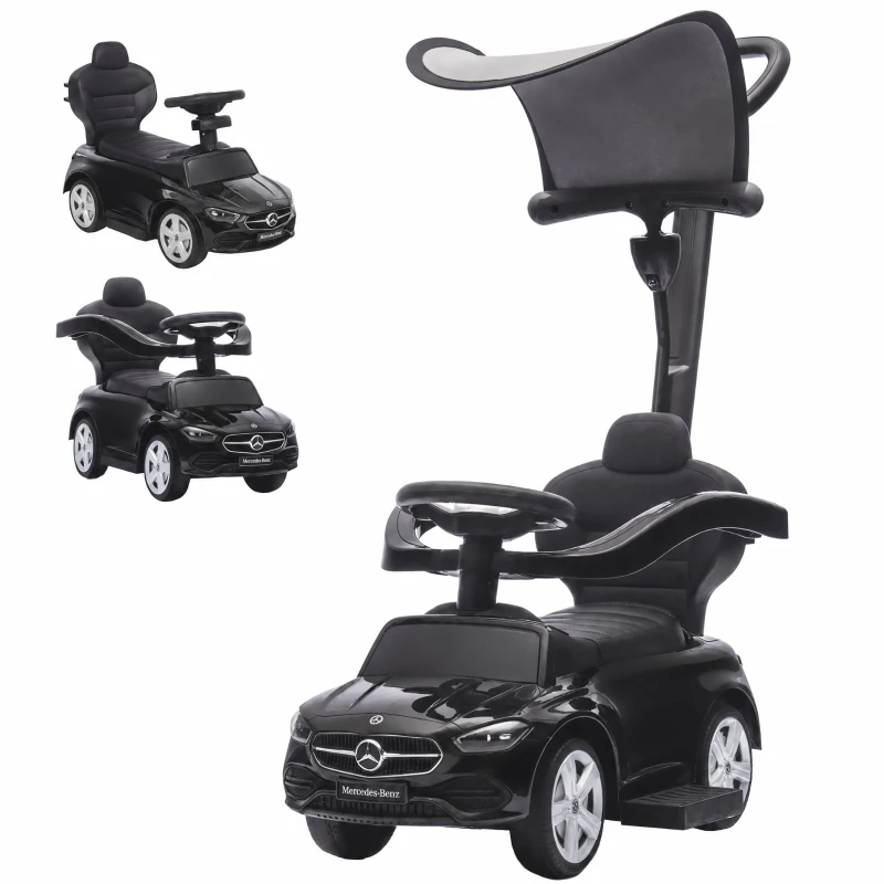 AIYAPLAY 3 in 1 Licensed Benz Ride on Push Car with Handle, Canopy, Guardrails, Horn, Music, Storage for 12-36 Months, Black