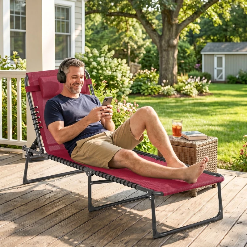 Outsunny Bain de Soleil transat Pliable Dossier inclinable Multi-Positions Acier thermoplastique Lacets élastiques Noir textilène Rouge