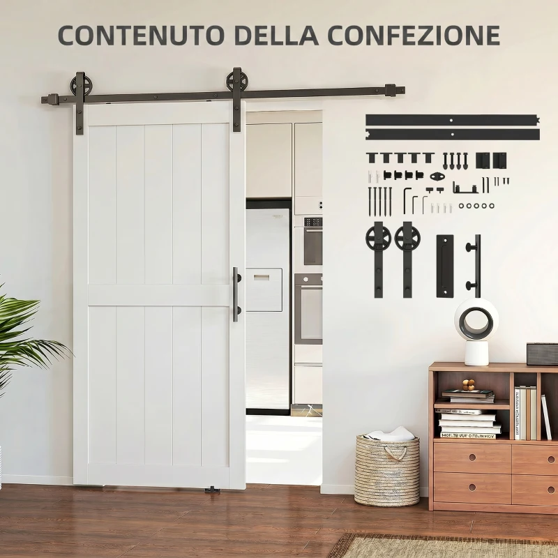 HOMCOM Porta Scorrevole in Stile Country con Binario e Maniglia, in Legno e Acciaio, 183x0.6x4 cm, Bianco e Nero