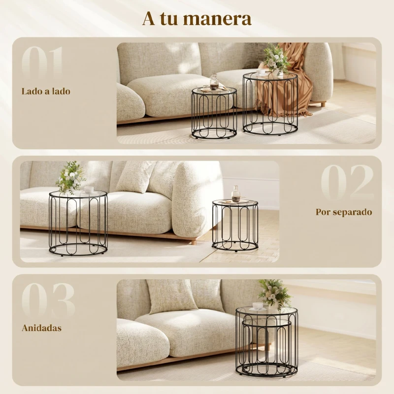 HOMCOM Conjunto de 2 Mesas Auxiliares Tipo Nido con Estructura de Metal y Encimera de Cristal Ø50x50 cm y Ø40x40 cm Negro