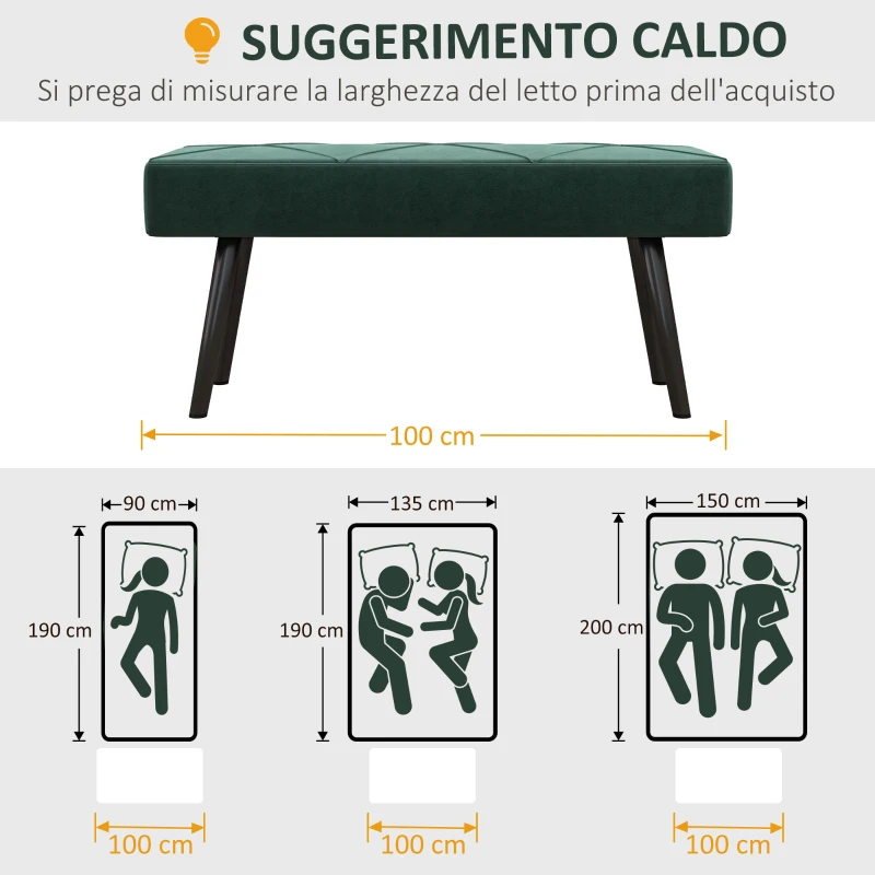 HOMCOM Panca Imbottita Fondoletto in Tessuto Effetto Velluto e Acciaio, 100x36x45 cm, Verde e Nero