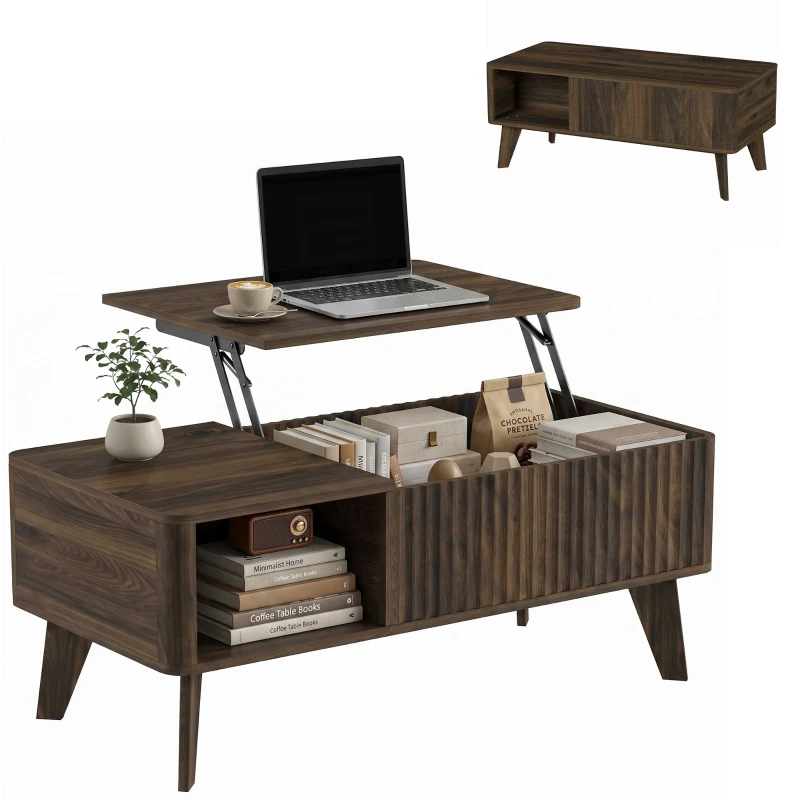 HOMCOM Höhenverstellbarer Couchtisch mit verstecktem Fach offenen Ablagen wellenförmiger Front 100x48x41-56 cm Nussbaum