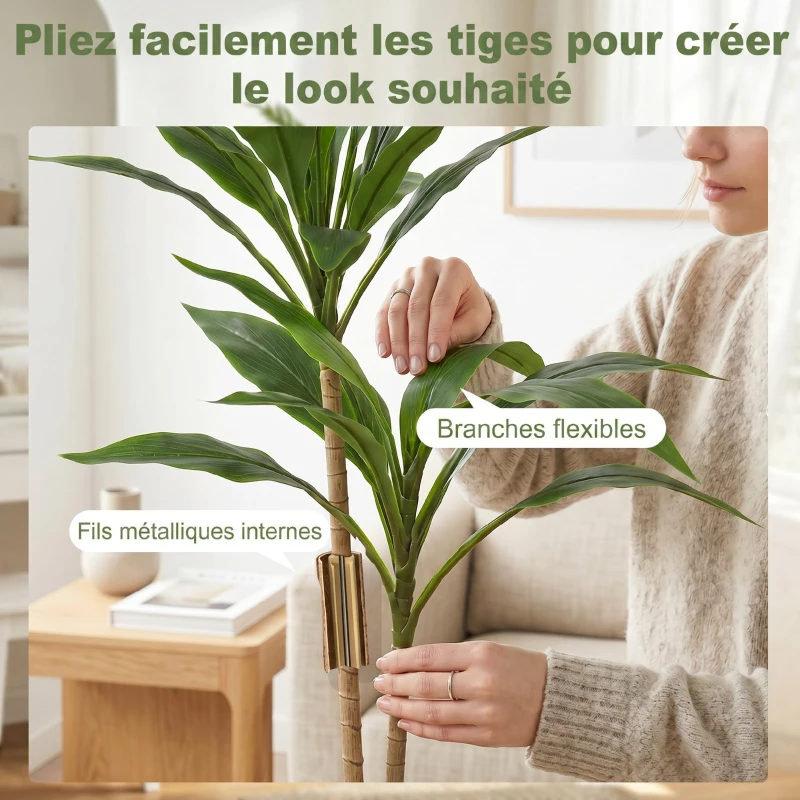 HOMCOM Arbre artificiel cordyline en pot 90 cm avec 29 feuilles réalistes, plante artificielle en PEVA, intérieure et extérieure